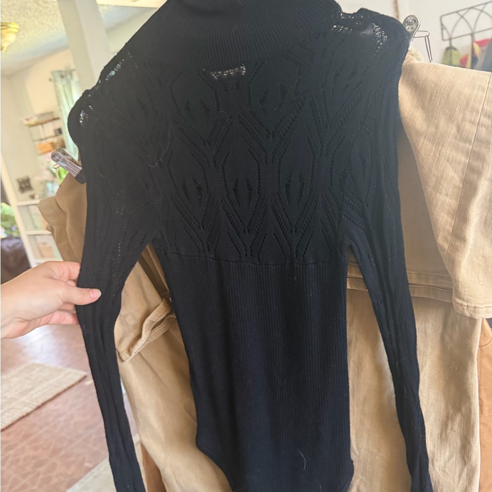 Long-Sleeve FREE PEOPLE Black Knit Bodysuit with Lace Yoke